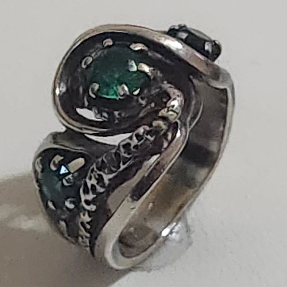 Vintage Sterling Silver Brutalist Ring Green Stones 1970 - Picture 5 of 13